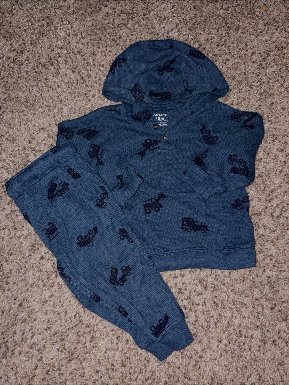 Carter's Blue Hooded Thermal Set with Dark Truck Print